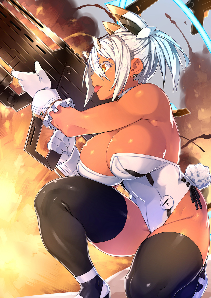 23_(real_xxiii) :p bangs black_legwear black_ribbon breasts bunny_tail bunnysuit checkered colored_eyelashes covered_nipples dark_skin detached_collar earrings explosion eyebrows eyebrows_visible_through_hair finger_on_trigger fire frilled_gloves frills from_side gloves gun hair_between_eyes headgear highres holding holding_gun holding_weapon jewelry large_breasts legs leotard one_knee orange_eyes original phantasy_star phantasy_star_online_2 ponytail profile ribbon shoes short_hair side-tie_leotard solo strapless strapless_leotard tail thighhighs thighs tongue tongue_out weapon white_footwear white_gloves white_hair wrist_cuffs