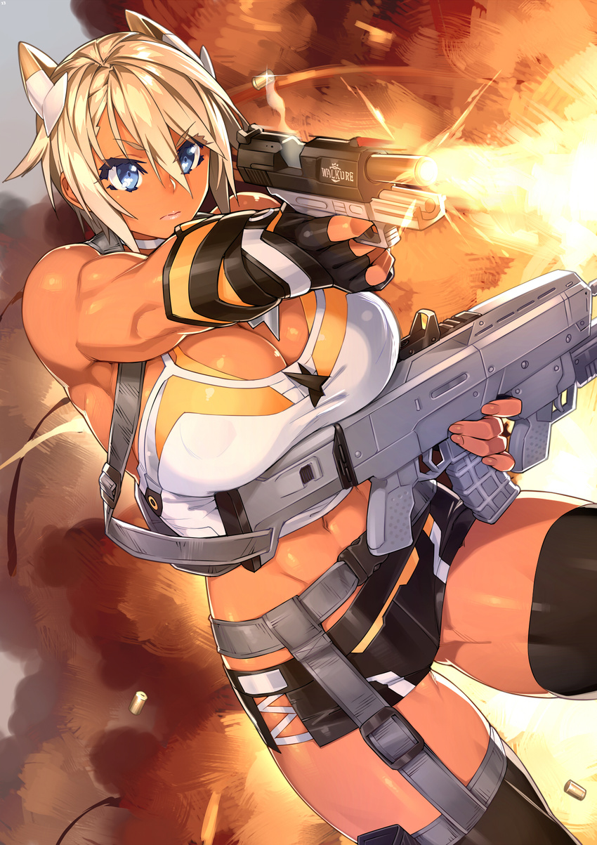 23_(real_xxiii) action assault_rifle bare_shoulders black_gloves black_legwear blonde_hair blue_eyes breasts choker cleavage dark-skinned_girl_(23) fingerless_gloves glint gloves groin gun handgun highres large_breasts midriff muscle navel original pistol rifle shell_casing short_hair smoke solo tan thighhighs weapon