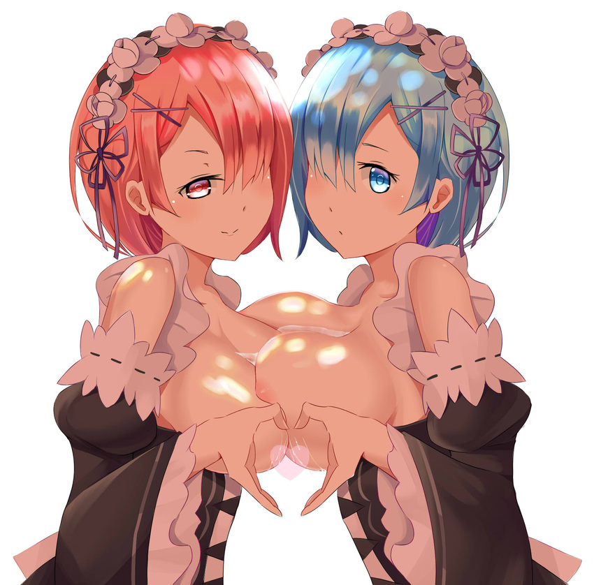 areola_slip areolae arm_garter blue_eyes blue_hair blush breast_press breasts bust_cup closed_mouth dappled_sunlight detached_sleeves dress from_side hair_ornament hair_over_one_eye hairband heart heart_hands heart_hands_duo highres large_breasts liquid long_sleeves looking_at_viewer maid multiple_girls ram_(re:zero) re:zero_kara_hajimeru_isekai_seikatsu red_eyes red_hair rem_(re:zero) ribbon ribbon_trim shi_qi_kuang_beng short_hair siblings simple_background sisters smile sunlight symmetrical_docking twins upper_body white_background wide_sleeves x_hair_ornament