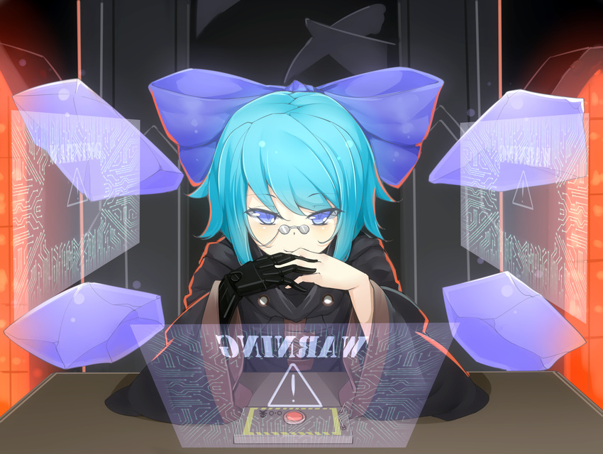 absurdres alternate_costume bad_id bad_pixiv_id bespectacled blue_eyes blue_hair bow cirno cyborg gendou_pose glasses hair_bow hands_clasped highres holographic_monitor ice ice_wings long_sleeves looking_at_viewer mechanical_arm ootsuki_momiji own_hands_together pince-nez prosthesis science_fiction solo touhou touhou_ayaria_epic wide_sleeves wings