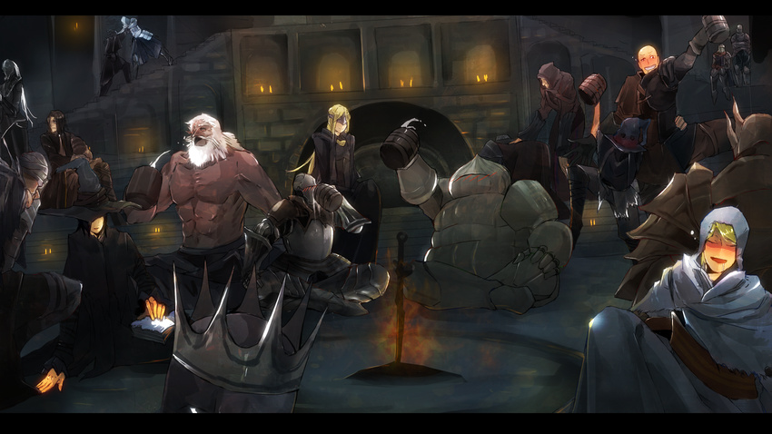 6+girls alcohol andre_of_astora anri_of_astora armor ashen_one_(dark_souls_3) bad_id bad_pixiv_id bandages beard blonde_hair blush bonfire candle cape cloak closed_eyes commentary cornyx_of_the_great_swamp crown cup dark_souls_iii everyone eygon_of_carim facial_hair fire_keeper full_armor gauntlets gloves greirat_of_the_undead_settlement hawkwood helmet highres horace_the_hushed irina_of_carim jewelry karla_(dark_souls_3) leonhard long_hair ludleth_of_courland mask mono_(jdaj) mug multiple_boys multiple_girls orbeck_of_vinheim party patches_the_hyena saliva shirtless shrine_handmaid siegward_of_catarina sirris_of_the_sunless_realms sitting souls_(from_software) vomiting white_hair yuria_of_londor