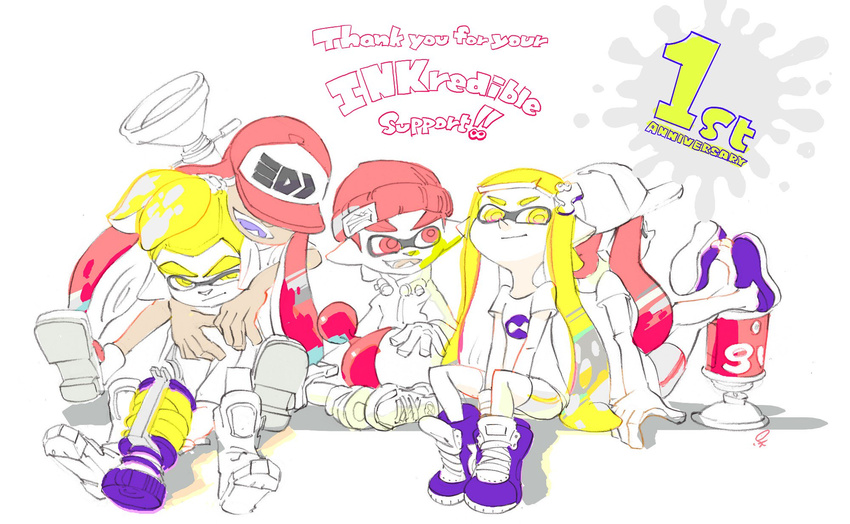 3girls anniversary annoyed arms_around_neck baseball_cap beanie bike_shorts blonde_hair commentary_request crossed_legs dark_skin domino_mask english eyebrows fangs hat hat_over_eyes highres hug hug_from_behind inkling inoue_seita l-3_nozzlenose_(splatoon) legs_up long_hair looking_at_viewer mask multiple_boys multiple_girls official_art ponytail red_hair shoes shoes_removed short_hair sitting smile sneakers splatoon_(series) splatoon_1 sploosh-o-matic_(splatoon) suction_bomb_(splatoon) tentacle_hair thick_eyebrows traditional_media