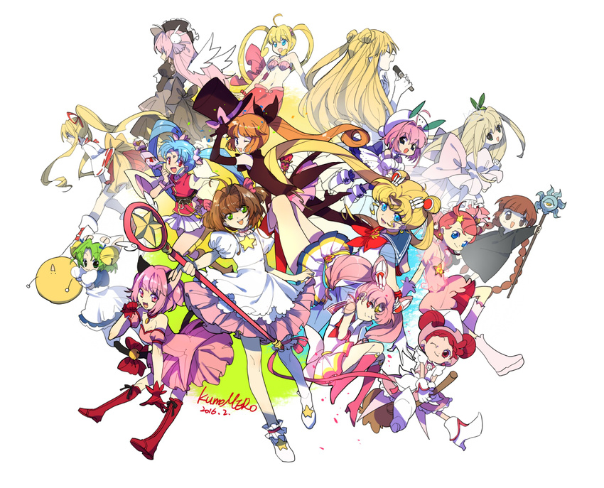 :3 annotated bell bikini bishoujo_senshi_sailor_moon black_dress black_gloves blonde_hair blue_eyes blue_sailor_collar boots braid broom broom_riding bunny_hair_ornament cardcaptor_sakura chibi_usa chicchana_yukitsukai_sugar closed_eyes comet_(comet-san) cosmic_baton_girl_comet-san crossover dated dejiko detached_sleeves di_gi_charat double_bun dress earrings elbow_gloves full_moon_(full_moon_wo_sagashite) full_moon_wo_sagashite gema gloves green_eyes hair_ornament hair_ribbon hanazono_karin haneoka_meimi harukaze_doremi hat hat_tip high_heel_boots high_heels hoshi_no_tsue jewelry jingle_bell kaitou_jeanne kaitou_saint_tail kamichama_karin kamikaze_kaitou_jeanne kinomoto_sakura knee_boots kouyama_mitsuki kukuri kusakabe_maron long_hair magical_girl mahou_shoujo_pretty_sammy mahoujin_guruguru masaki_sasami_jurai mermaid_melody_pichi_pichi_pitch mew_ichigo microphone midriff miniskirt misha_(pita_ten) momomiya_ichigo multiple_crossover multiple_girls nanami_lucia navel nontraditional_miko ojamajo_doremi one_eye_closed open_mouth orange_hair pantyhose pink_dress pink_eyes pink_footwear pink_hair pink_sailor_collar pita_ten pleated_skirt pretty_sammy_(character) puffy_detached_sleeves puffy_sleeves red_eyes red_footwear red_gloves ribbon sailor_chibi_moon sailor_collar sailor_moon sailor_senshi_uniform saint_tail short_hair sidelocks signature skirt smile staff star strapless strapless_dress sugar_(chicchana_yukitsukai_sugar) super_sailor_chibi_moon super_sailor_moon swimsuit tenchi_muyou! tokyo_mew_mew top_hat tsukino_usagi twin_braids twintails white_dress white_skirt winged_hair_ornament wings yanzhan