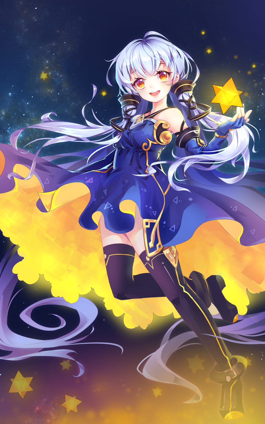 :d black_footwear black_legwear blue_dress blue_gloves blue_hair boots dress elbow_gloves elliv fingerless_gloves full_body gloves highres long_hair open_mouth orange_eyes quad_tails smile solo star stellated_octahedron thigh_boots thighhighs very_long_hair vocaloid xingchen zettai_ryouiki