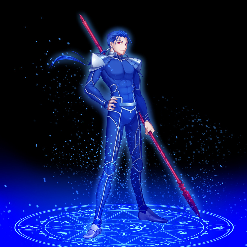 arkray blue_hair fate/stay_night fate_(series) gae_bolg hair_ornament hand_on_hip highres holding holding_weapon lancer long_hair looking_at_viewer male_focus polearm ponytail red_eyes solo spear weapon