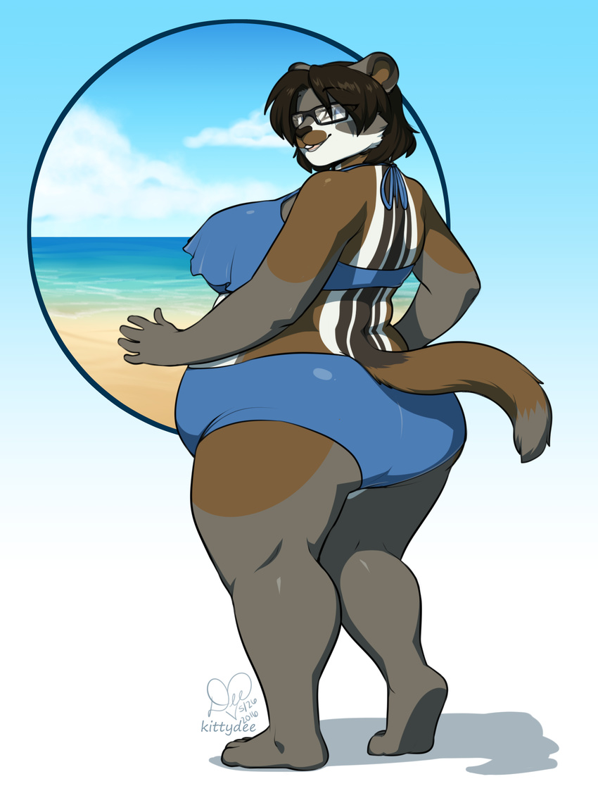 anthro bikini chipmunk clothing eyewear female glasses gradient_background kittydee looking_at_viewer looking_back mammal obese overweight rodent simple_background smile solo swimsuit