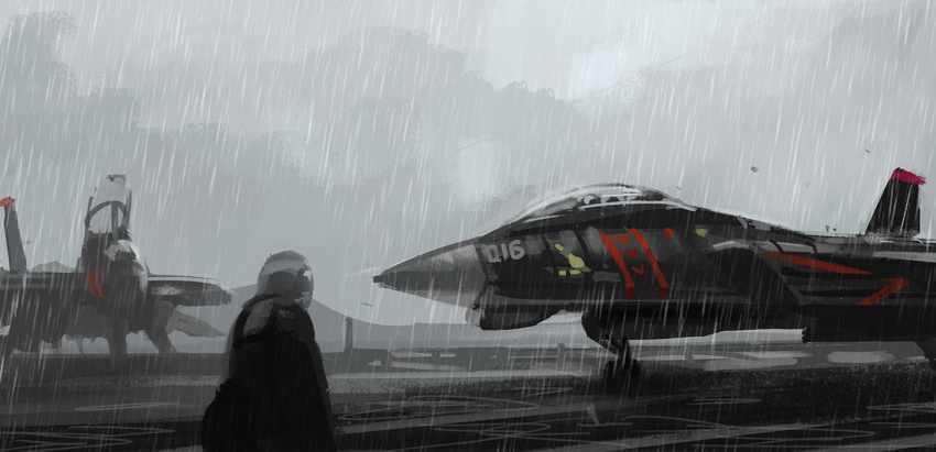 ace_combat_5 aircraft airplane airport bad_id bad_pixiv_id cloud cloudy_sky day f-14_tomcat fighter_jet from_behind helmet highres jet military military_vehicle mobius_(suicideloli) number outdoors rain sky water