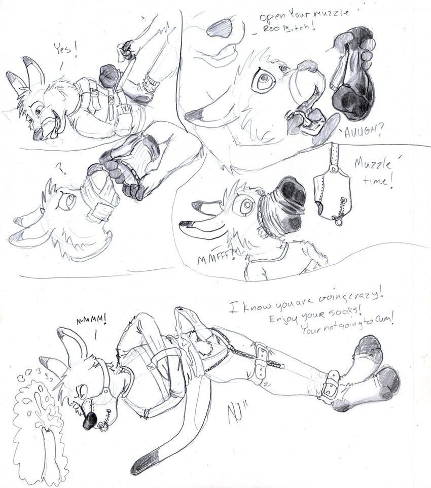 anthro balls bdsm bondage bound clothing cum dombrus erection eyes_closed kangaroo legwear male mammal marsupial muzzle_(object) penis sketch smelly socks straitjacket text torture