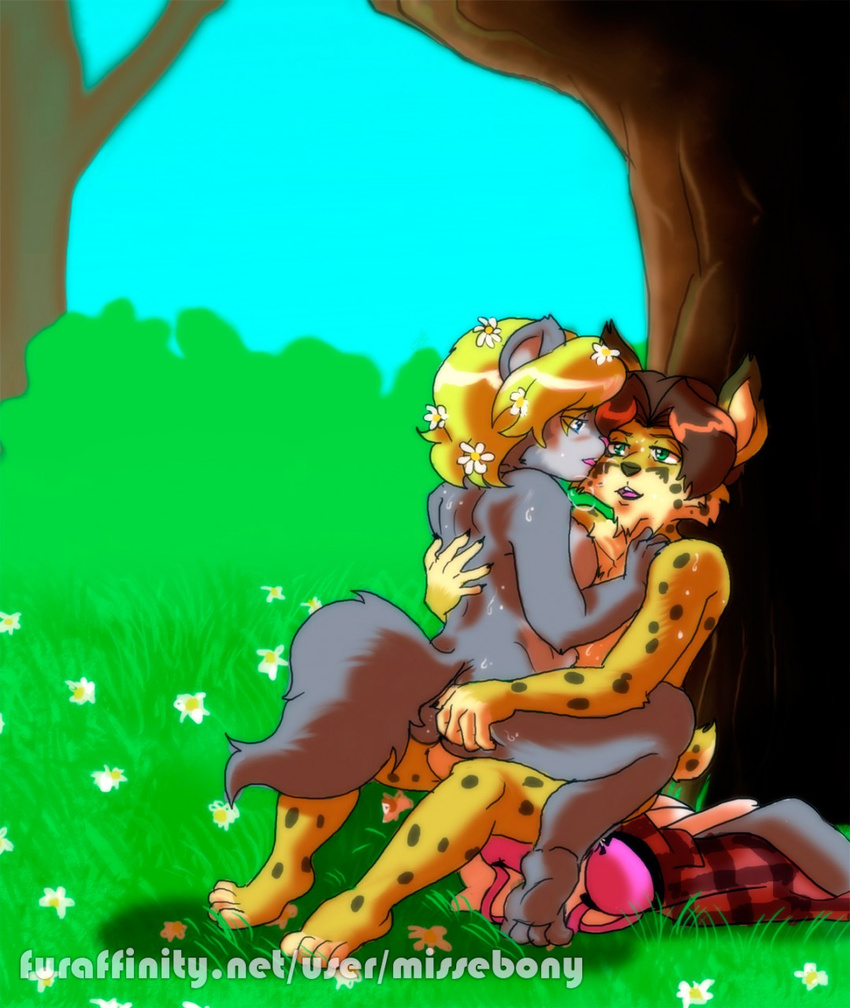 anthro ashlee_hurwitz butt butt_grab dormouse feline female flower flowers_in_hair good_cheese grass gunther_hausmann hand_on_butt interspecies lynx male mammal mastery_position missebony mouse nude outside plant rodent romantic_couple sex tree