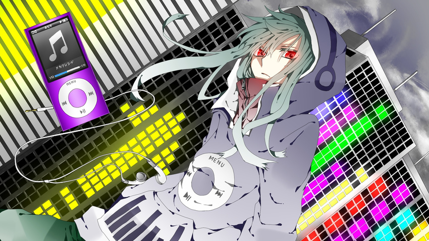 1girl building dutch_angle headphones hood hoodie ipod kagerou_project kido_tsubomi long_hair mekakushi_code_(vocaloid) music red_eyes ri-rihoo sky solo string teal_hair turtleneck vocaloid wires zipper