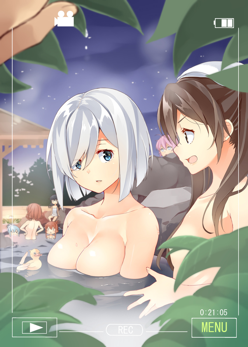 6+girls :o akatsuki_(kantai_collection) aoba_(kantai_collection) bare_legs bathing black_eyes blue_eyes blurry blush breasts brown_eyes byte_(allbyte) character_request chestnut_mouth cleavage collarbone convenient_censoring depth_of_field folded_ponytail hair_over_one_eye hamakaze_(kantai_collection) hands_on_hips hibiki_(kantai_collection) highres holding ikazuchi_(kantai_collection) inazuma_(kantai_collection) jitome kantai_collection large_breasts leaf looking_at_viewer multiple_girls naked_towel night night_sky nude onsen open_mouth outdoors partially_submerged peeking pink_hair pov pov_hands profile recording rock rubber_duck sidelocks silver_hair sky standing star_(sky) starry_sky surprised towel towel_on_head upper_body viewfinder wading water