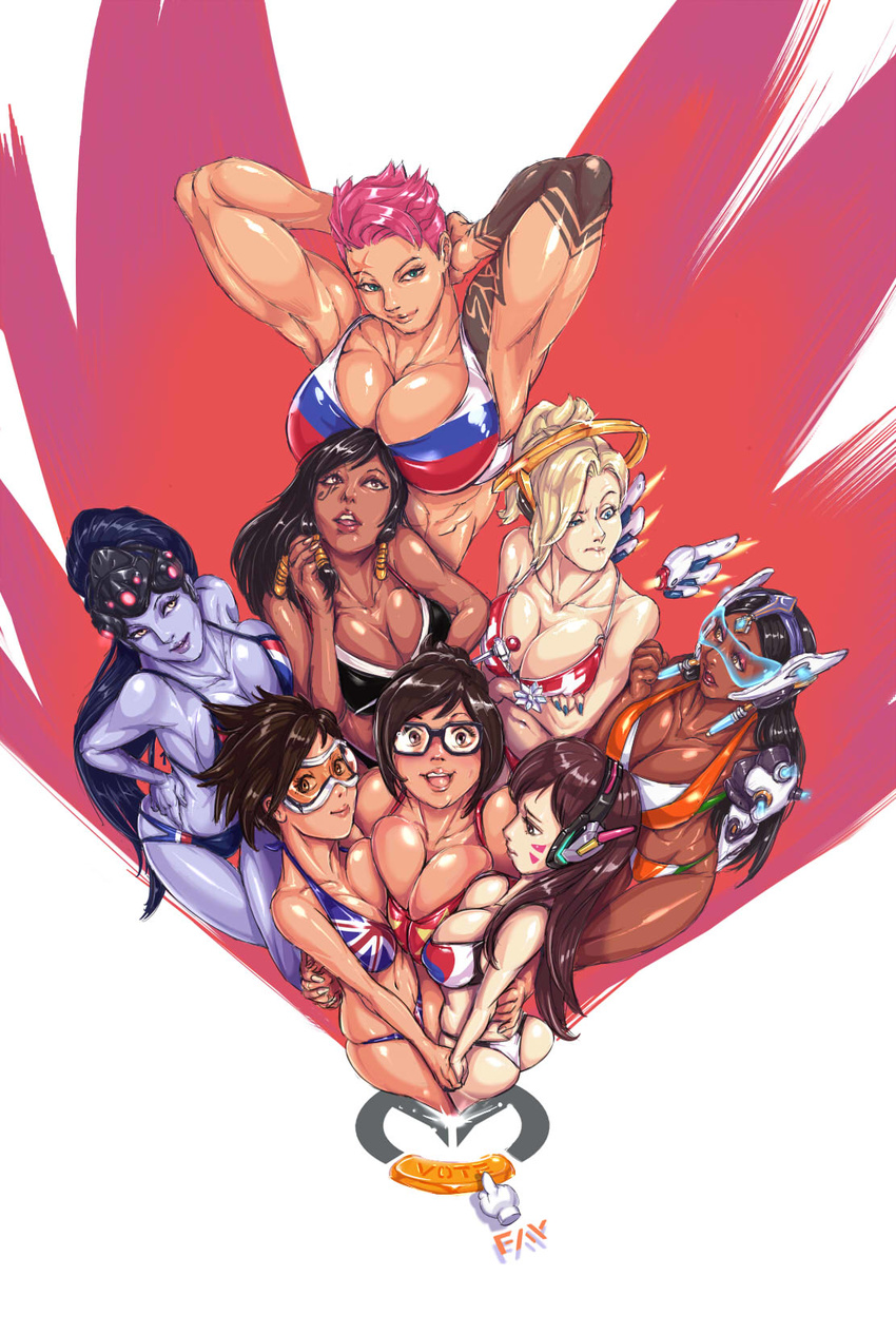 ass asymmetrical_docking beads bikini breast_press breast_rest breasts breasts_on_head cleavage commentary d.va_(overwatch) dark_skin facial_mark faymantra flag_print french_flag french_flag_bikini hair_ornament hair_stick headgear headphones highres huge_breasts large_breasts looking_at_viewer mechanical_halo mei_(overwatch) mercy_(overwatch) multiple_girls muscle muscular_female overwatch people's_republic_of_china_flag people's_republic_of_china_flag_bikini pharah_(overwatch) print_bikini purple_skin russian_flag russian_flag_bikini skindentation south_korean_flag south_korean_flag_bikini swimsuit swiss_flag swiss_flag_bikini symmetra_(overwatch) tattoo tracer_(overwatch) union_jack union_jack_bikini very_dark_skin visor whisker_markings widowmaker_(overwatch) zarya_(overwatch)