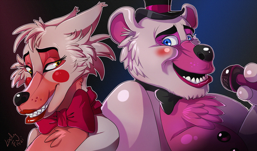 animatronic bear bow_tie canine digital_media_(artwork) duo fiszi five_nights_at_freddy's fox funtime_foxy_(fnaf) funtime_freddy_(fnaf) machine mammal microphone robot sharp_teeth teeth video_games