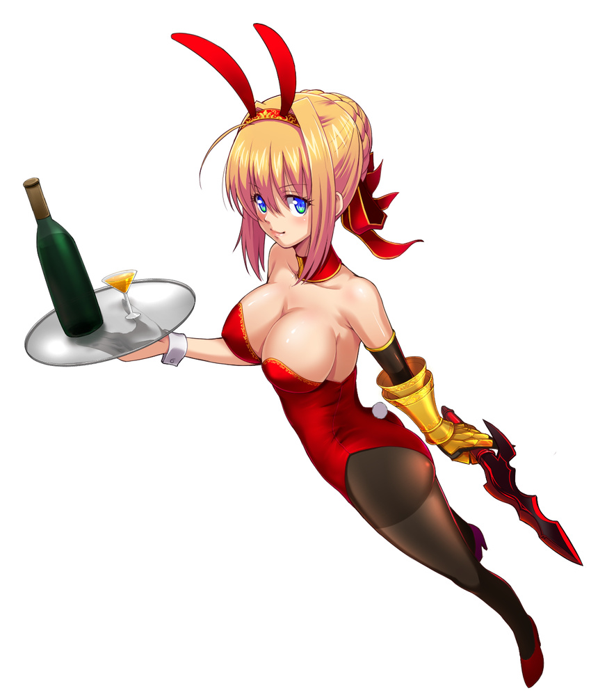 ahoge alcohol alternate_costume animal_ears arm_at_side ass bangs bare_shoulders blonde_hair blue_eyes blush bottle braid breasts bunny_ears bunny_girl bunny_tail bunnysuit cleavage closed_mouth commentary_request covered_nipples cup detached_collar drinking_glass eyebrows eyebrows_visible_through_hair fake_animal_ears fake_tail fate/extra fate_(series) from_above full_body gauntlets gold_trim green_eyes hair_between_eyes hair_bun hair_intakes hairband high_heels highres holding holding_sword holding_tray holding_weapon large_breasts leotard looking_at_viewer nero_claudius_(fate) nero_claudius_(fate)_(all) pantyhose red_footwear red_leotard red_ribbon ribbon shoes short_sword simple_background single_gauntlet smile solo standing strapless strapless_leotard sword tail taru_neko transparent tray weapon white_background wine wine_bottle wine_glass