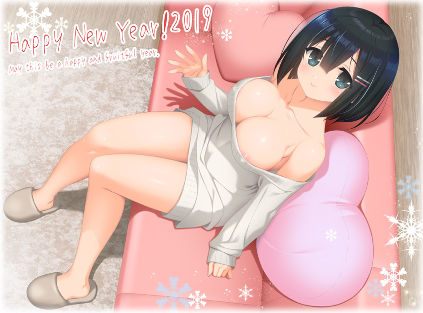 1girl 2019 areola_slip areolae arm_support bangs bob_cut breasts brown_footwear cleavage closed_mouth commentary couch dress english_text erect_nipples eyebrows_visible_through_hair from_above hair_ornament hairclip happy_new_year heart heart_pillow kanekiyo_miwa legs long_sleeves looking_at_viewer new_year off_shoulder original pillow sandals shadow short_dress short_hair sitting smile snowflake_print solo sweater sweater_dress waving white_dress