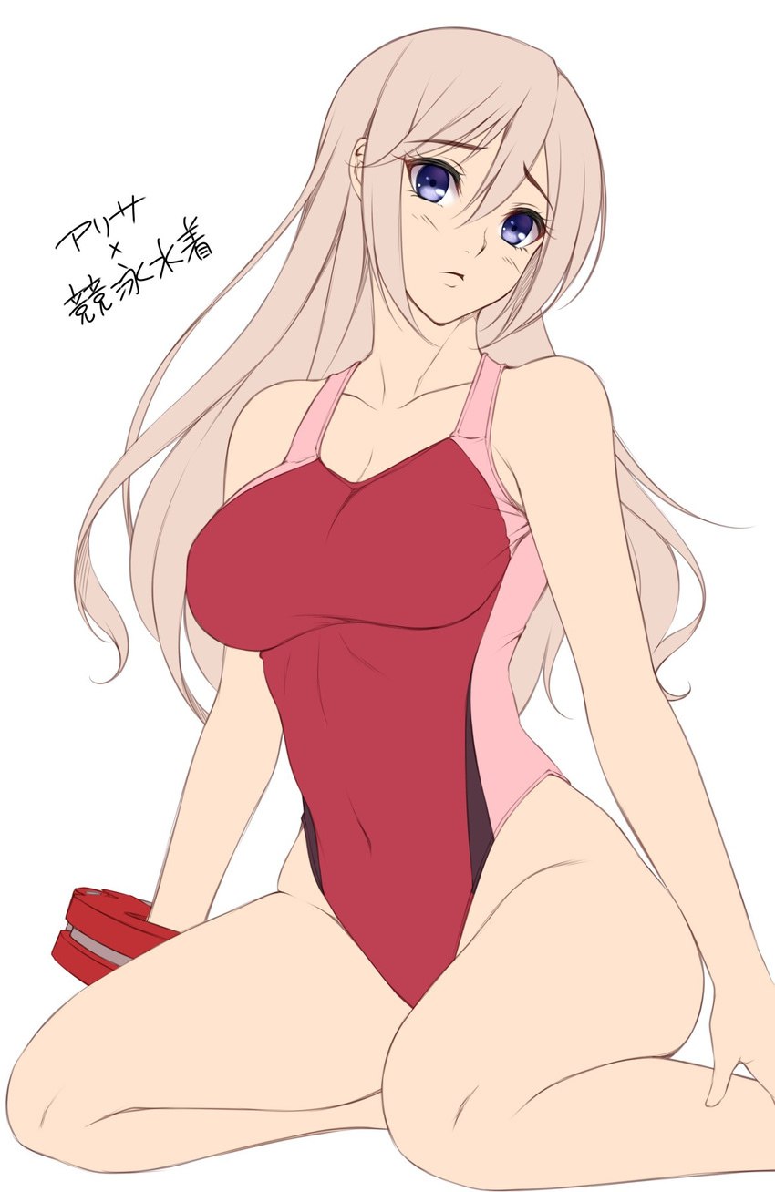 alisa_ilinichina_amiella blue_eyes breasts competition_swimsuit god_eater highres large_breasts long_hair looking_at_viewer one-piece_swimsuit silver_hair simple_background smile solo swimsuit watanuki_kaname white_background