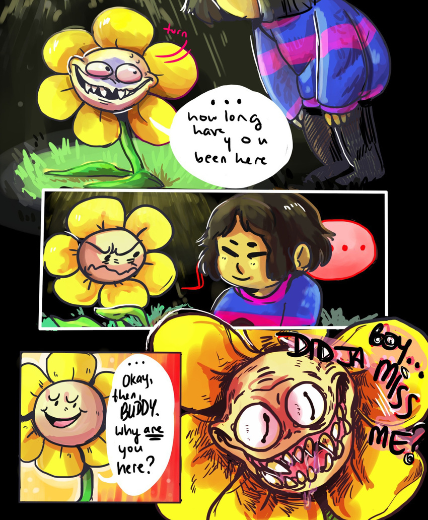 ... ambiguous_gender brown_hair clothed clothing duo english_text evil_grin eyes_closed flower flowey_the_flower hair nightmare_fuel plant protagonist_(undertale) sharp_teeth smile speech_bubble sunlight teeth text thatonegojimun undertale video_games