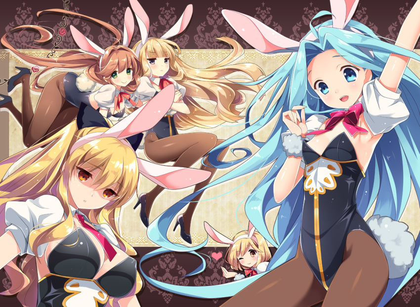 5girls ;) animal_ears arm_up bangs black_footwear black_legwear black_leotard blonde_hair blue_eyes blue_hair blunt_bangs boots bow bowtie breasts brown_eyes brown_hair bunny_ears bunny_tail bunnysuit closed_mouth collar commentary_request crossed_arms detached_collar eyebrows_visible_through_hair fake_animal_ears fake_tail floating_hair frown granblue_fantasy green_eyes heart high_heel_boots high_heels kanekiyo_miwa large_breasts legs leotard light_particles long_hair looking_at_viewer medium_breasts multiple_girls necktie one_eye_closed orange_eyes pantyhose parted_lips puffy_short_sleeves puffy_sleeves red_neckwear short_hair short_sleeves shrug_(clothing) smile sparkle standing strapless strapless_leotard tail thighs very_long_hair vira_lilie white_collar wing_collar