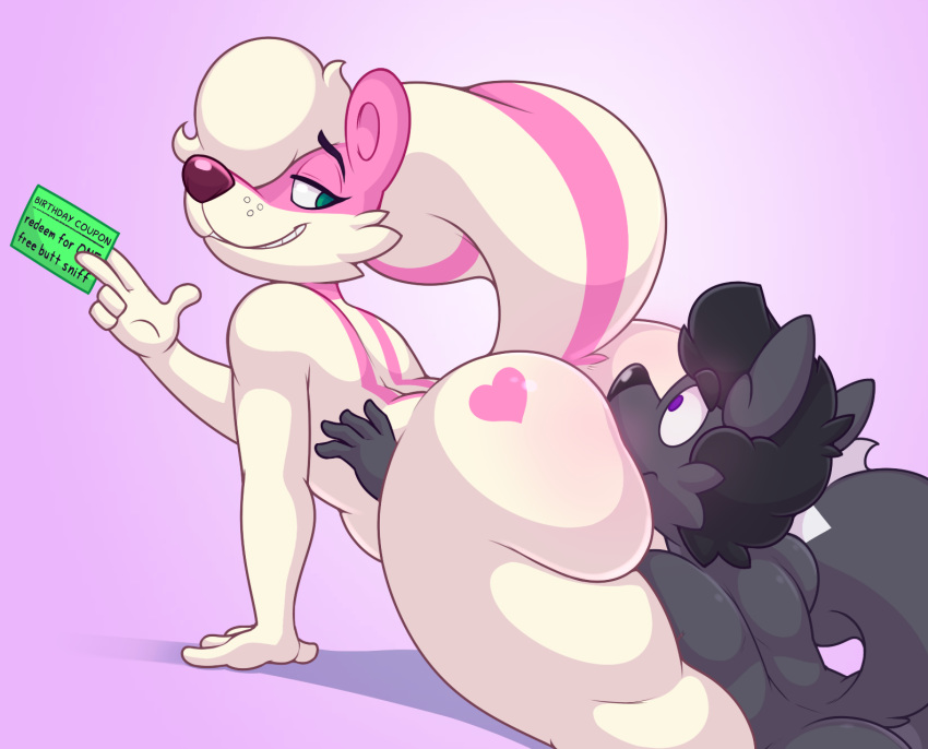&lt;3 2019 acstlu anthro big_butt butt butt_sniffing canid canine duo fur grin hi_res looking_back male mammal mephitid nargle nose_to_anus phurcy pink_background pink_fur simple_background skunk smile white_fur