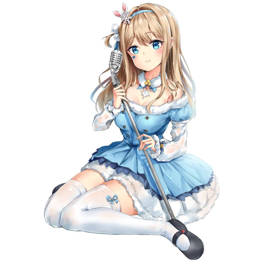 1girl absurdres bare_shoulders black_footwear blue_dress blue_eyes blush breasts brown_hair cleavage closed_mouth commentary dress eyebrows_visible_through_hair girls_frontline hair_ornament hairband head_tilt heart highres holding holding_microphone long_hair long_sleeves looking_at_viewer mary_janes medium_breasts microphone off-shoulder_dress off_shoulder shiinakazee shoes simple_background sitting snowflake_hair_ornament solo suomi_kp31_(girls_frontline) thighhighs wariza white_background white_legwear