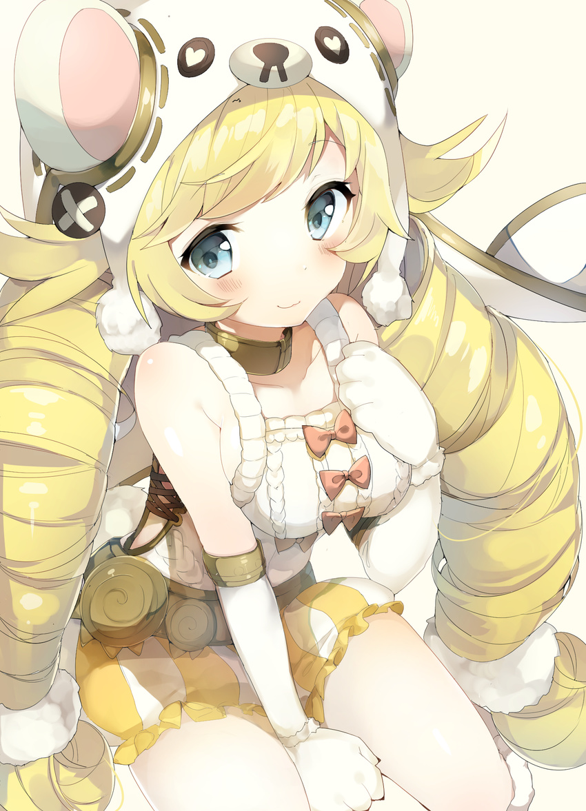 :3 animal_hat arm_warmers bad_id bad_pixiv_id bear_hat belt between_legs blonde_hair blue_eyes bow breasts collar collarbone drill_hair eyebrows eyebrows_visible_through_hair gloves hand_on_own_chest hat heart highres large_breasts last_period long_hair looking_at_viewer paw_gloves paws red_bow shirokuma_(last_period) shorts side_cutout sitting sleeveless smile solo striped striped_shorts tareme twin_drills twintails umibouzu_(niito) white_background