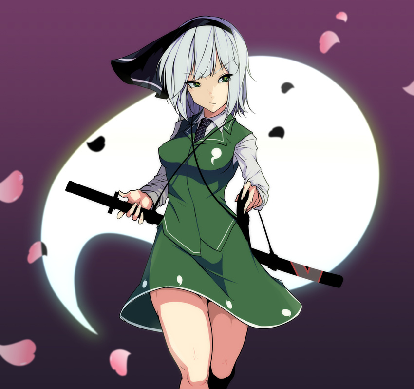 backlighting black_hairband black_legwear black_neckwear bob_cut breasts collared_shirt covered_nipples frown gradient gradient_background green_eyes green_skirt green_vest hairband highres hips inverted_colors katana kneehighs konpaku_youmu konpaku_youmu_(ghost) long_sleeves looking_to_the_side medium_breasts necktie petals purple_background scabbard sheath shirt short_hair silver_hair skirt skirt_set solo striped striped_neckwear sword takeka_fungi thighs touhou unsheathing vest walking weapon