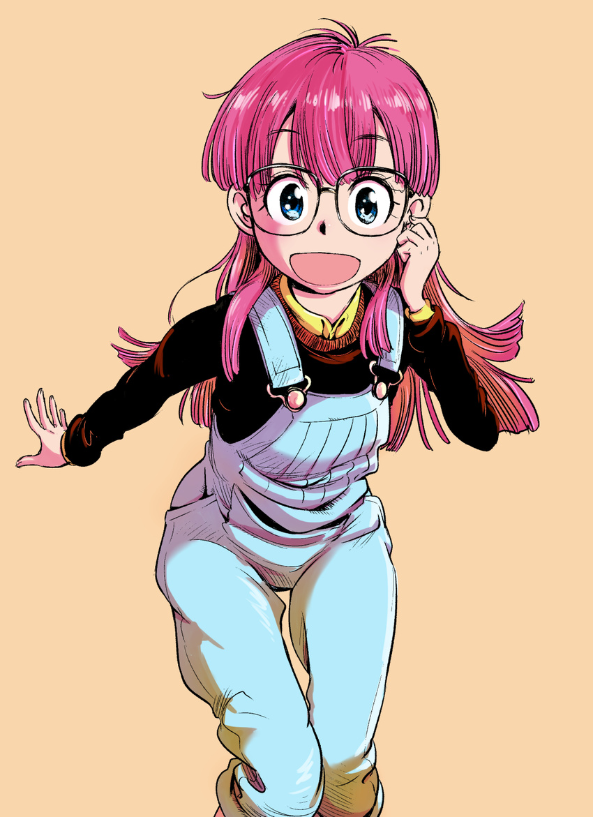 :d black_sweater blue_eyes dr._slump glasses hand_on_own_face hand_up highres leaning_forward long_hair looking_at_viewer nakahara_kaihei no_hat no_headwear norimaki_arale open_mouth orange_background overalls purple_hair round_eyewear shirt simple_background smile solo sweater yellow_shirt