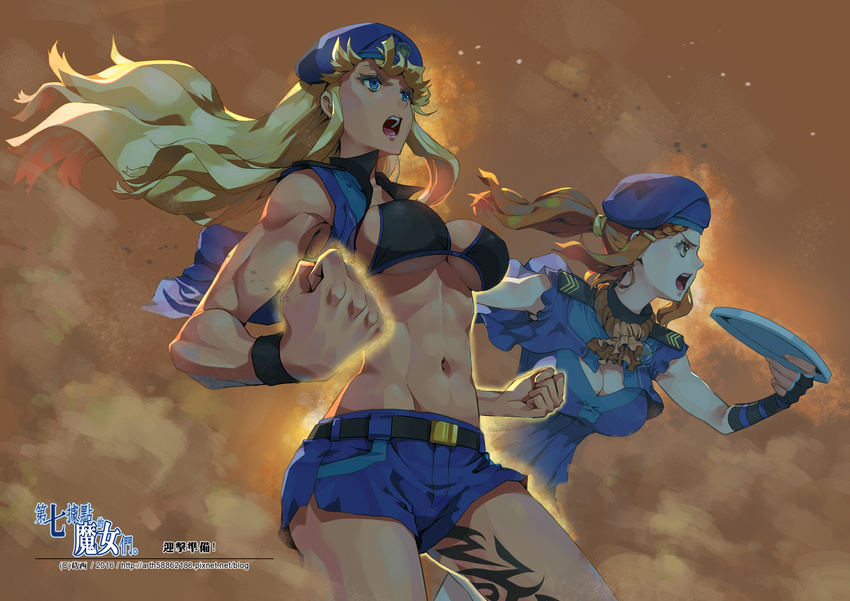 abs bare_shoulders becky_montanari beret bikini blonde_hair blue_eyes braid breasts brown_eyes cleavage ge_xi hat large_breasts levasol_defense_corps lien_ai-chiang multiple_girls muscle muscular_female navel original ponytail shorts swimsuit tattoo witches_in_7th_base