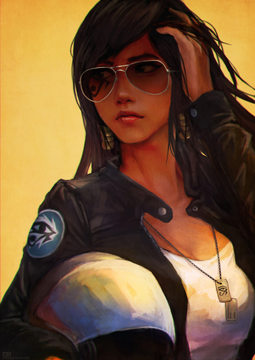 absurdres aviator_sunglasses black_hair brown_eyes brown_jacket casual closed_mouth dog_tags earrings expressionless eye_of_horus facial_tattoo hand_in_hair hand_up headwear_removed helmet helmet_removed highres holding holding_helmet jacket jewelry leather leather_jacket logo long_hair long_sleeves looking_to_the_side monori_rogue necklace open_clothes open_jacket orange_background overwatch pendant pharah_(overwatch) pink_lips shirt simple_background solo sunglasses t-shirt tattoo white-framed_eyewear white_shirt