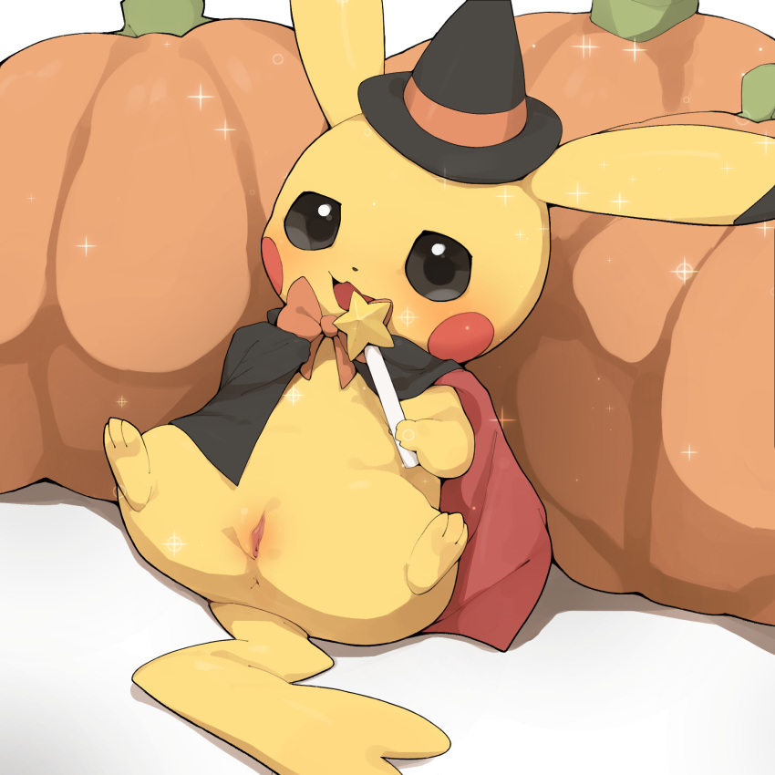 :3 anus black_cape black_eyes black_hat black_sclera blush blush_stickers bow bowtie cape clitoris clothed_pokemon creatures_(company) female full_body game_freak gen_1_pokemon hands_up happy hat highres holding looking_at_viewer nintendo no_humans open_mouth orange_neckwear pikachu pokemon pokemon_(creature) pumpkin pussy sitting smile solo sparkle spread_legs star uncensored wand witch_hat youjomodoki