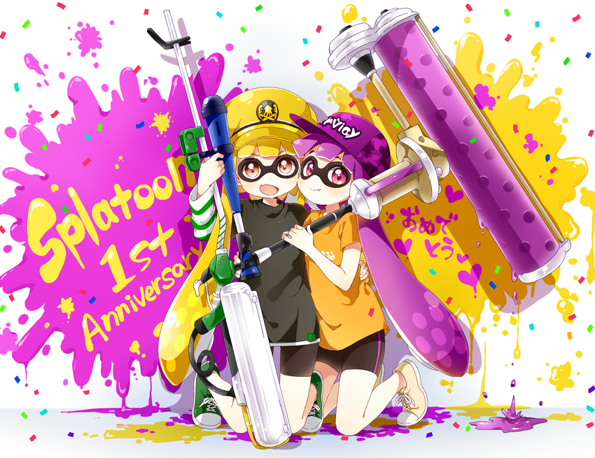 :d anniversary arm_up bangs baseball_cap black_shorts blunt_bangs blush closed_mouth clothes_writing domino_mask dripping dynamo_roller_(splatoon) e-liter_3k_(splatoon) full_body green_footwear gun hat highres holding holding_gun holding_weapon ink_tank_(splatoon) inkling long_hair long_sleeves looking_at_viewer mask multiple_girls namori open_mouth purple_eyes purple_hair purple_hat red_eyes rifle shirt shoelaces shoes short_hair_with_long_locks shorts shorts_under_skirt sidelocks smile sniper_rifle splatoon_(series) splatoon_1 sweater t-shirt very_long_hair weapon white_background yellow_footwear yellow_hat