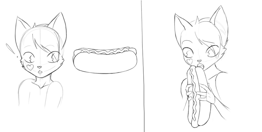 ! &lt;3 ambiguous_gender anthro cat cub cute darkgrim2 eating feline food hair hi_res hot_dog mammal monochrome pencil_(artwork) sathra1 simple_background surprise tag tagme teenager tongue traditional_media_(artwork) young