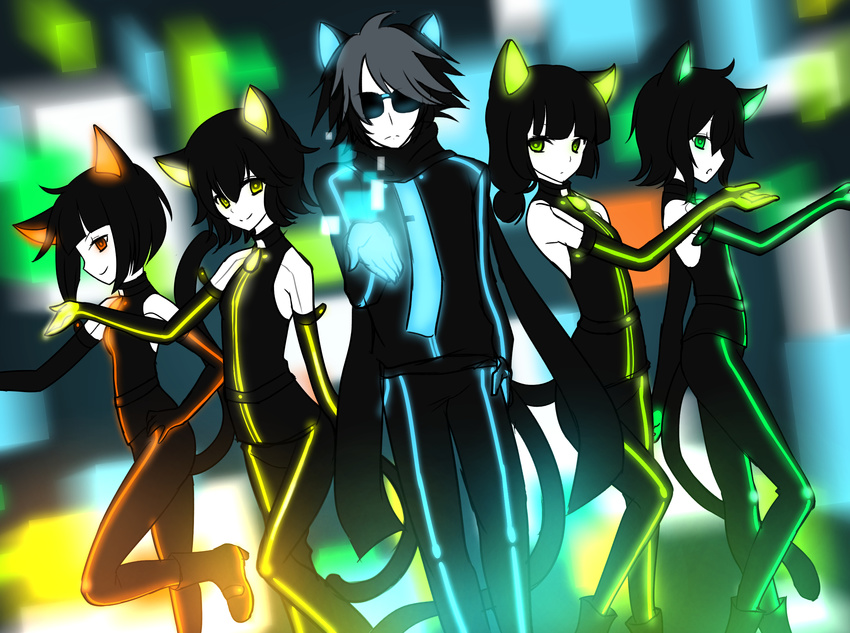 4girls :o ahoge animal_ears bad_id bad_pixiv_id bangs black_hair blunt_bangs boots cat_ears cat_tail ding gerat gloves glowing green_eyes hair_between_eyes hand_on_hip high_heel_boots high_heels highres leg_lift long_hair looking_at_viewer low-tied_long_hair multicolored_hair multiple_girls muraji0419 necktie nein_(album) orange_eyes outstretched_arm outstretched_hand r.e.v.o rohre scarf schau short_hair silver_hair smile sound_horizon sunglasses tail two-tone_hair white_skin yellow_eyes