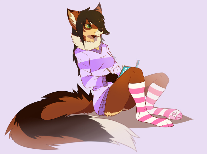 2015 4_toes 5_fingers anthro big_tail black_hair black_nose black_tail book bottomless brown_fur brown_tail butt canine cheek_tuft clothed clothing countershading digital_media_(artwork) digitigrade dipstick_tail eyebrows eyelashes female fox fur green_eyes hair hair_over_eye holding_object inner_ear_fluff leeomon legwear long_hair mammal multicolored_fur multicolored_tail pencil_(object) ruby_(leeomon) shadow simple_background sitting socks solo striped_footwear striped_topwear sweater tan_fur toes tuft two_tone_fur white_background white_tail yellow_sclera