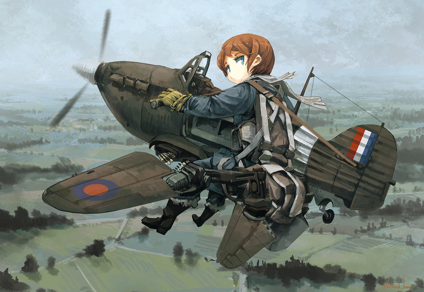 aircraft airplane ammunition ammunition_belt asterisk_kome blue_eyes blurry brown_hair cloud day depth_of_field field flying full_body gloves highres horizon hurricane_(airplane) looking_at_viewer looking_back mecha_musume military military_uniform original overalls parachute road scarf short_hair signature sky smile solo tree uniform world_war_ii