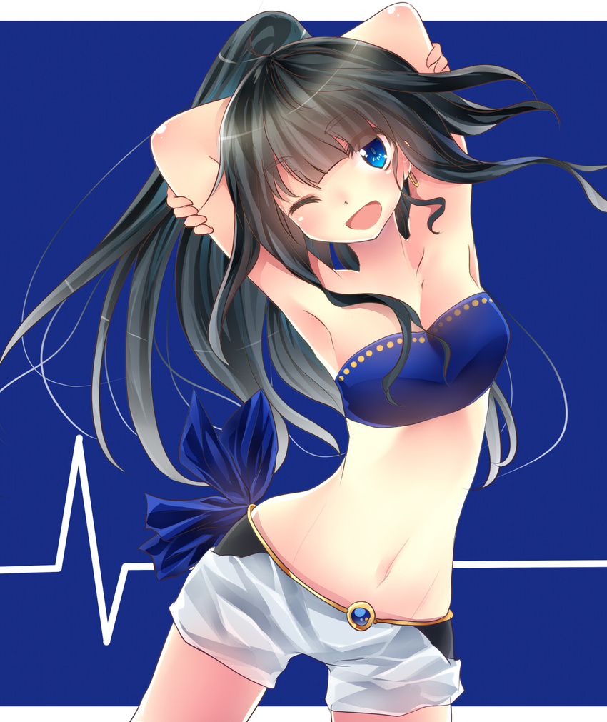 armpits black_hair blue_eyes breasts cleavage e-co highres long_hair looking_at_viewer medium_breasts navel one_eye_closed open_mouth original ponytail short_shorts shorts solo strapless
