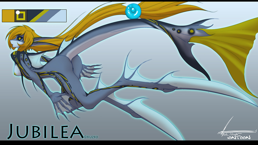 2016 anthro areola black_sclera blue_skin breasts brown_hair butt english_text female fin fish grey_background grey_skin hair hi_res iontoon long_hair looking_at_viewer marine merfolk model_sheet nipples nude open_mouth pussy raised_tail side_boob signature simple_background solo text yellow_eyes yellow_nipples yellow_skin