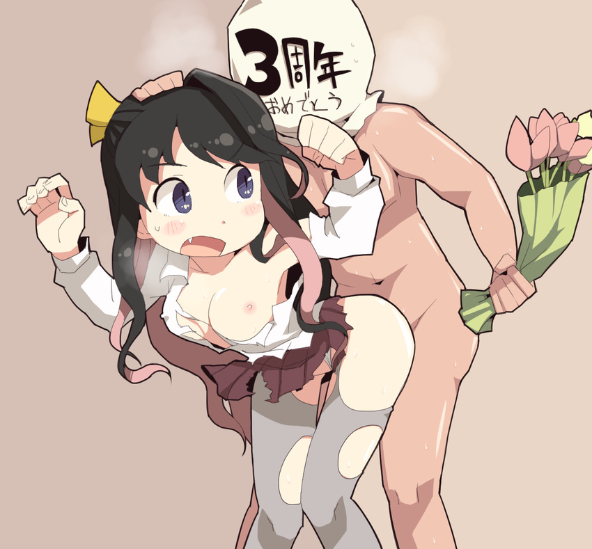 1girl :o arched_back arms_up black_hair blue_eyes blush bouquet breath dokan_(dkn) fang flower grey_legwear hand_on_another's_head hetero kantai_collection knees_together_feet_apart looking_back multicolored_hair naganami_(kantai_collection) navel nipples panties panties_aside pantyhose pink_hair sex shirt sin_sack skirt sweat sweatdrop torn_clothes torn_legwear torn_shirt torn_skirt translated tulip two-tone_hair underwear white_panties