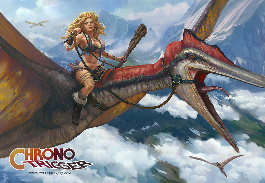 ayla_(chrono_trigger) barbarian blonde_hair blue_eyes breasts chrono_trigger cleavage cloud club copyright_name curly_hair day dinosaur dinosaur_riding harness large_breasts long_hair mace mountain pterosaur riding sky solo tyler_edlin weapon