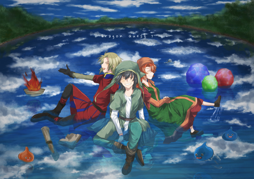 2boys black_hair blonde_hair blush brown_hair closed_eyes cloud copyright_name dragon_quest dragon_quest_vii dress fire hat hero_(dq7) kiefer kinorin maribel_(dq7) multiple_boys open_mouth outstretched_arm partially_submerged reflection sitting sky slime_(dragon_quest) smile staff water