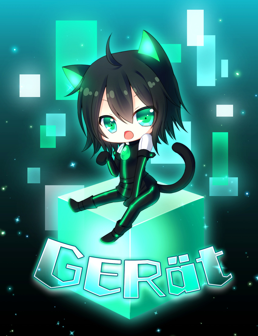 ahoge animal_ears bad_id bad_pixiv_id bangs black_hair cat_ears cat_tail character_name chibi cube eyebrows eyebrows_visible_through_hair eyes_visible_through_hair gerat glowing gradient gradient_background green_eyes hair_between_eyes highres looking_at_viewer muraji0419 nein_(album) neon_trim open_mouth paw_pose short_hair sitting solo sound_horizon tail