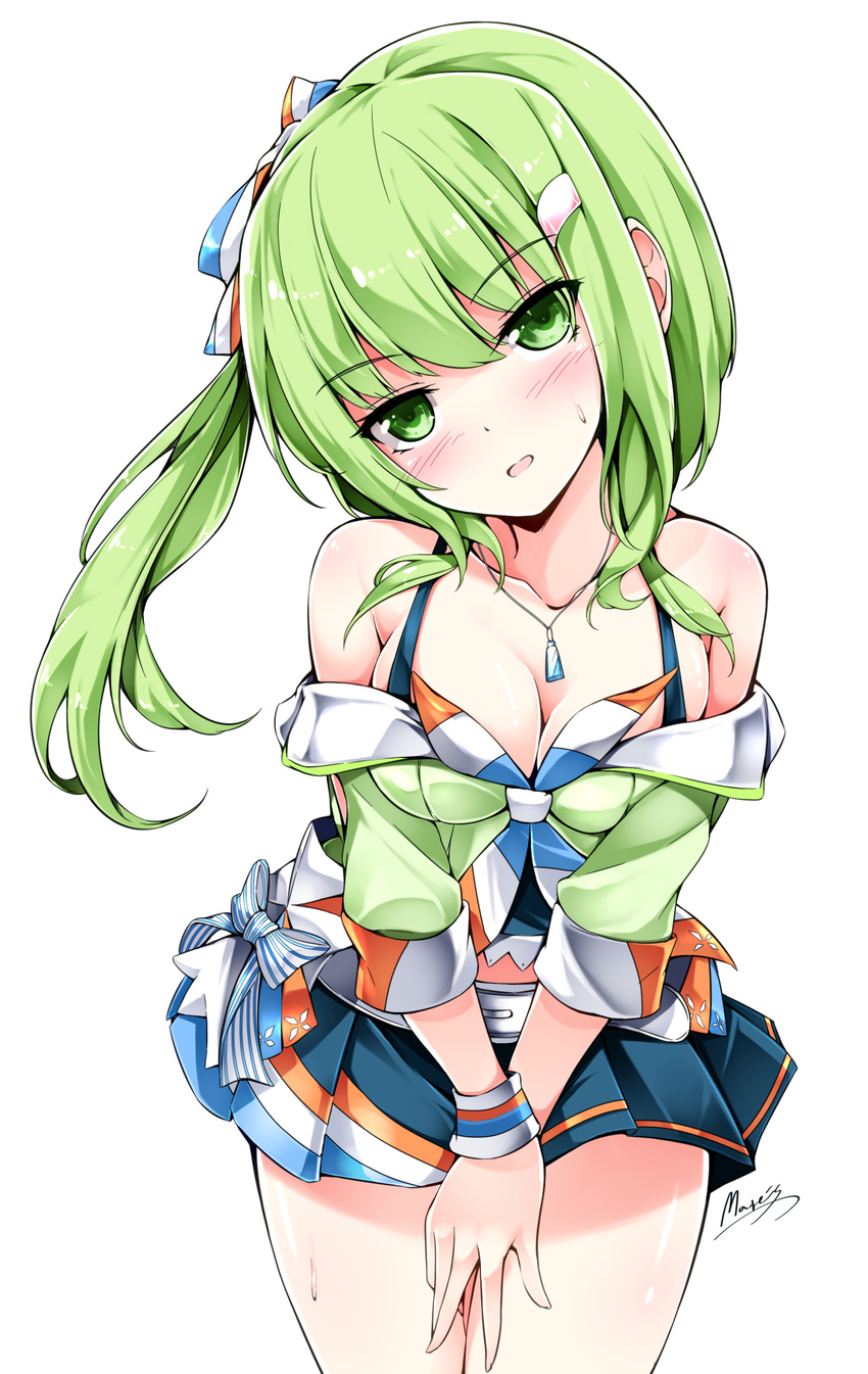 bad_id bad_pixiv_id beatmania beatmania_iidx belt breasts cleavage collarbone green_eyes green_hair hair_ribbon highres jewelry kitami_erika long_hair maremay0513 medium_breasts necklace open_mouth pleated_skirt ribbon side_ponytail signature simple_background skirt solo sweat white_background