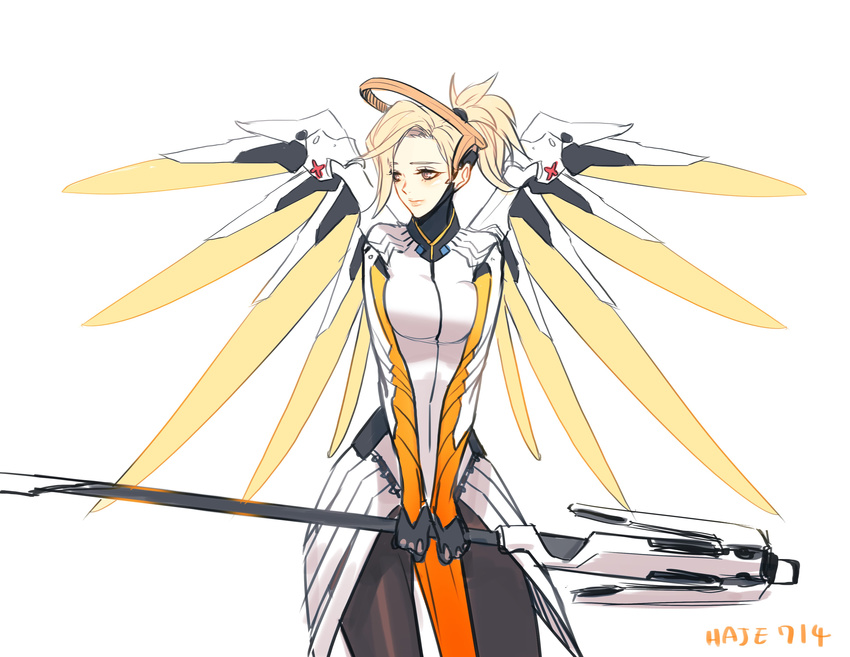 absurdres bad_id bad_twitter_id blonde_hair bodysuit breasts cowboy_shot haje high_ponytail highres holding long_hair looking_away mechanical_halo mechanical_wings medium_breasts mercy_(overwatch) overwatch pantyhose ponytail short_hair simple_background solo spread_wings staff twitter_username v_arms wings yellow_background yellow_eyes yellow_wings