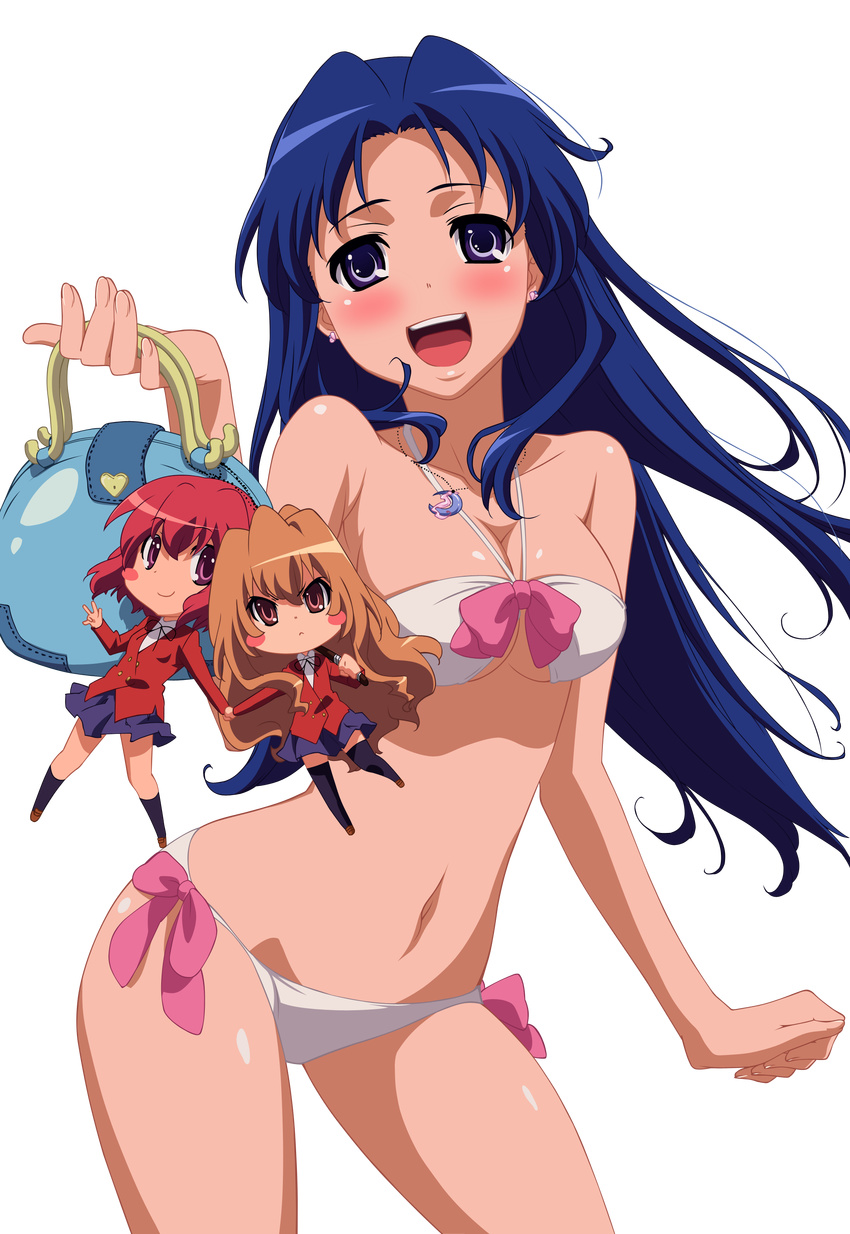 aisaka_taiga bag bikini blue_eyes blue_hair blush brown_eyes brown_hair chibi cleavage extraction handbag highres kawashima_ami kushieda_minori purple_eyes purse red_hair school_uniform swimsuit swimsuits toradora! vector vector_trace