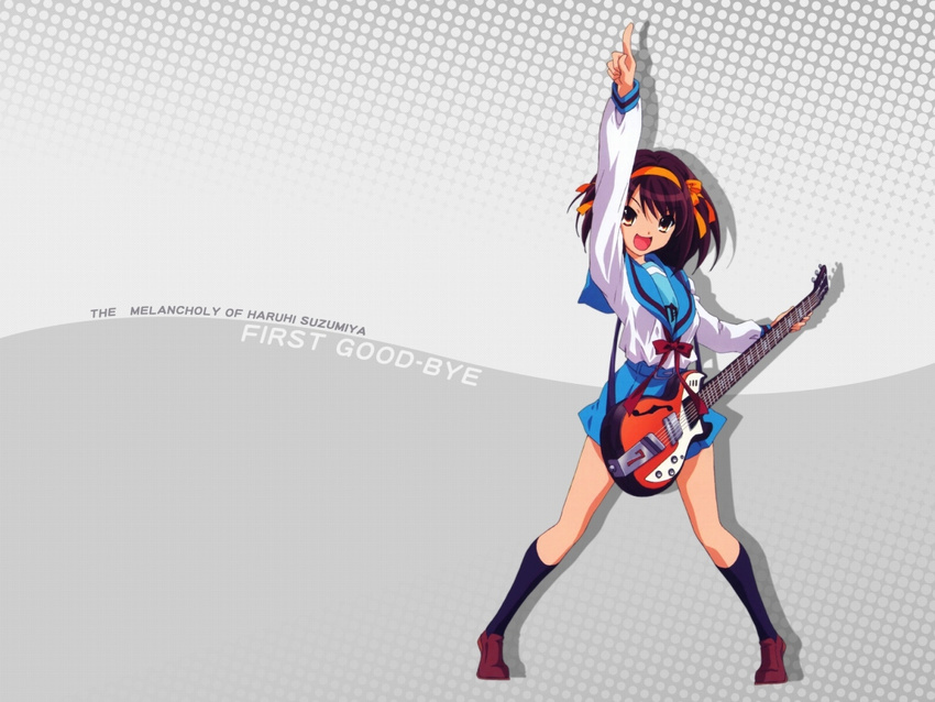 brown_hair guitar ikeda_shouko instrument kita_high_school_uniform long_sleeves school_uniform serafuku short_hair solo suzumiya_haruhi suzumiya_haruhi_no_yuuutsu