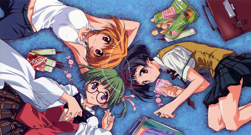 absurdres armpits arms_up bag black_hair blush breasts camisole candy chips choker circle_formation covered_nipples food from_above glasses green_hair hairband highres hirasawa_hiroko horiide_mika ibuse_okie kakyuusei_2 kurashima_tomoyasu lying medium_breasts midriff multiple_girls navel on_back on_side orange_eyes orange_hair plaid plaid_skirt pocky potato_chips purple_eyes red_eyes school_bag school_uniform short_hair skirt twintails vest