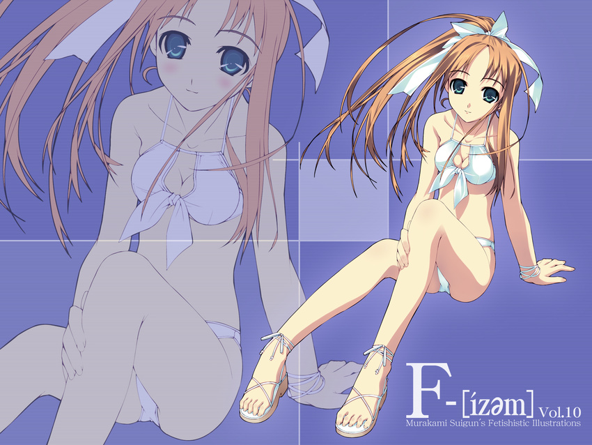 bare_shoulders bikini blush bow bracelet breasts cleavage cleavage_cutout collarbone f-ism floating_hair green_eyes hair_bow highres jewelry long_hair looking_at_viewer medium_breasts murakami_suigun no_legwear original ponytail sandals sitting smile solo swimsuit white_bikini white_bow wind zoom_layer