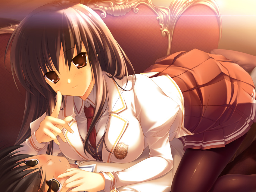 1girl between_breasts breasts brown_hair couch game_cg girl_on_top highres kiss_to_lord_to_darjeeling kuyou_sarasa large_breasts long_hair looking_at_viewer mikeou necktie necktie_between_breasts pantyhose school_uniform smile