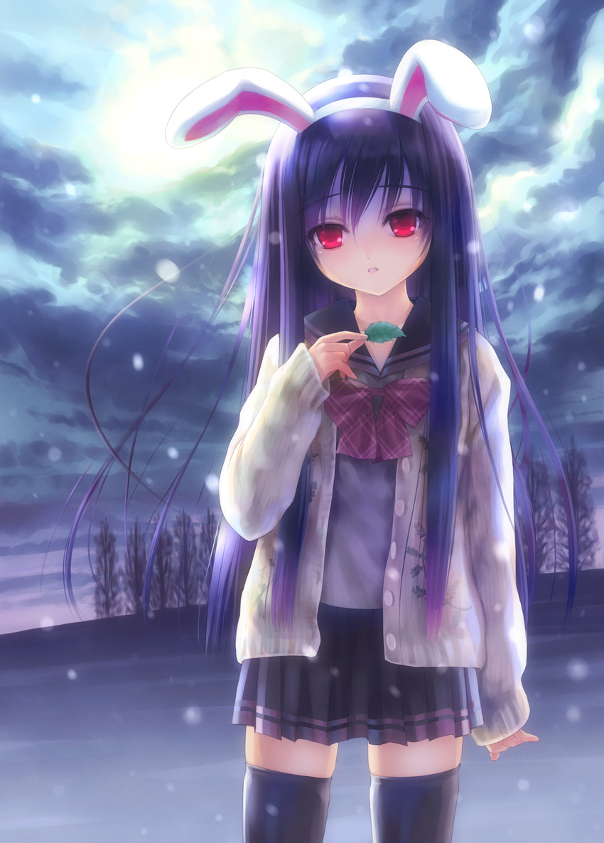 absurdres animal_ears black_legwear bow bunny_ears child goto_p hairband highres huge_filesize leaf long_hair multicolored_hair open_mouth original red_eyes school_uniform skirt snow snowing solo thighhighs tree two-tone_hair zettai_ryouiki