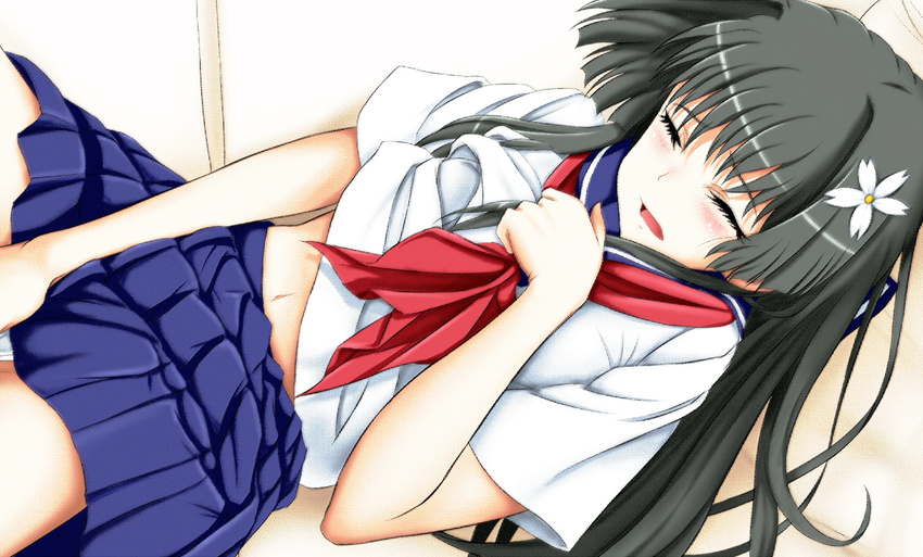 black_hair blue_skirt blush closed_eyes flower hair_flower hair_ornament ken'ichi_(silvian125jp) long_hair lying masturbation navel open_mouth panties pantyshot pleated_skirt sakugawa_school_uniform saten_ruiko school_uniform serafuku skirt solo to_aru_kagaku_no_railgun to_aru_majutsu_no_index underwear